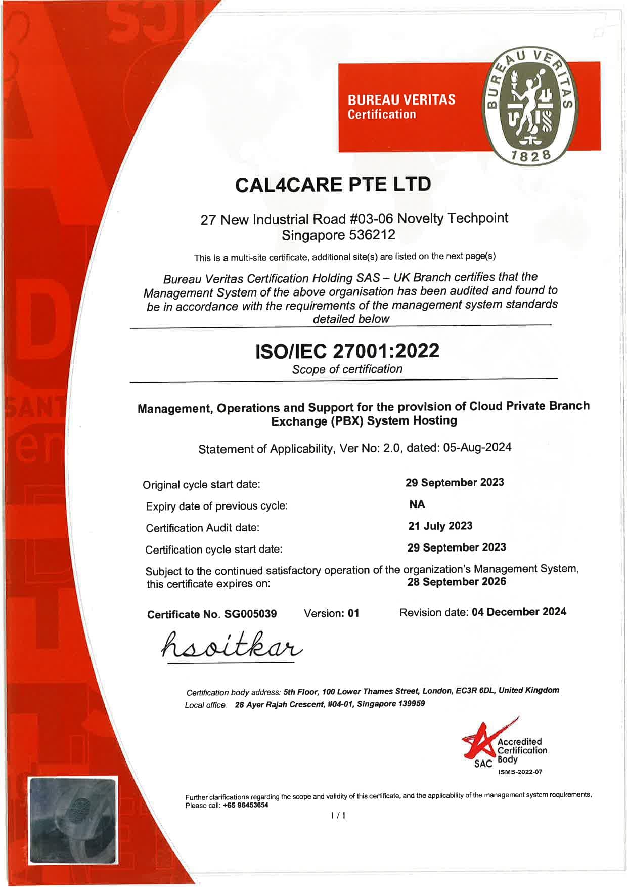 Cal4Care Pte Ltd — Bureau Veritas発行のISO/IEC 27001:2022認証書